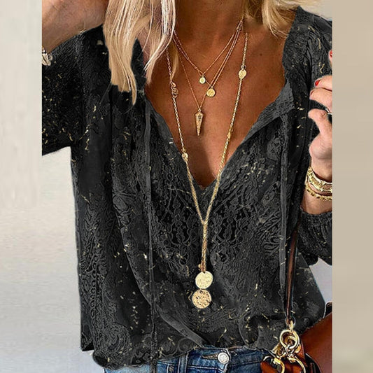 Casual Hollow Out V-Neck Long Sleeve Blouse