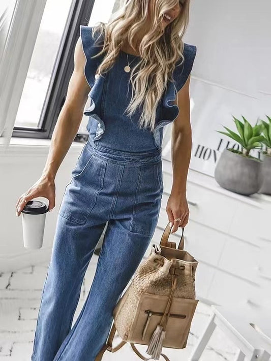 Backless Denim Jumpsuit with front Ruffles